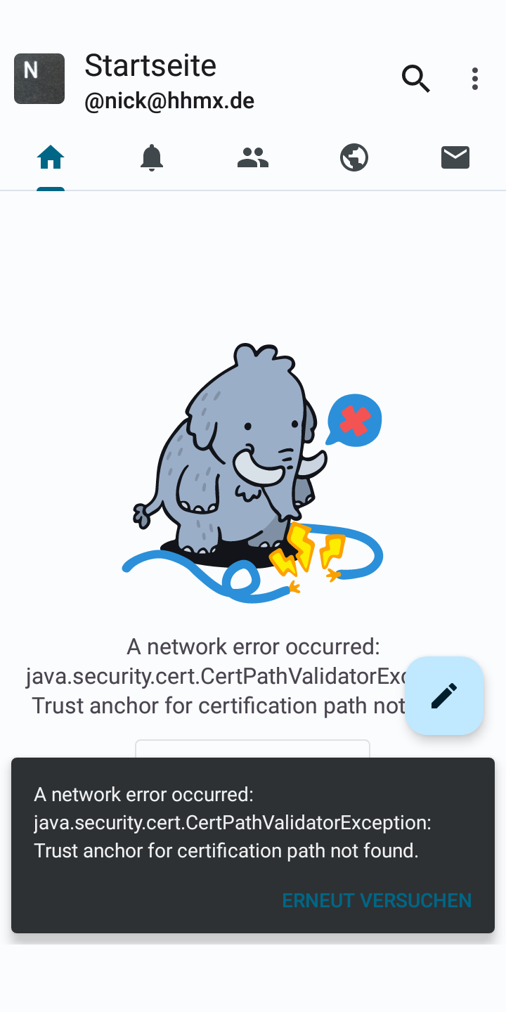 Screenshot Pachli mit Zugriffsproblem: A network error occurred. java.security.cert.CertPathValidatorException: Trust anchor for certification path not found.